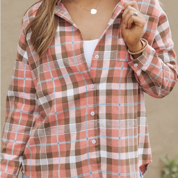 RESTOCKED Lightweight Spring Plaid Top, button down, pink/brown color pattern - Picture 8 of 15
